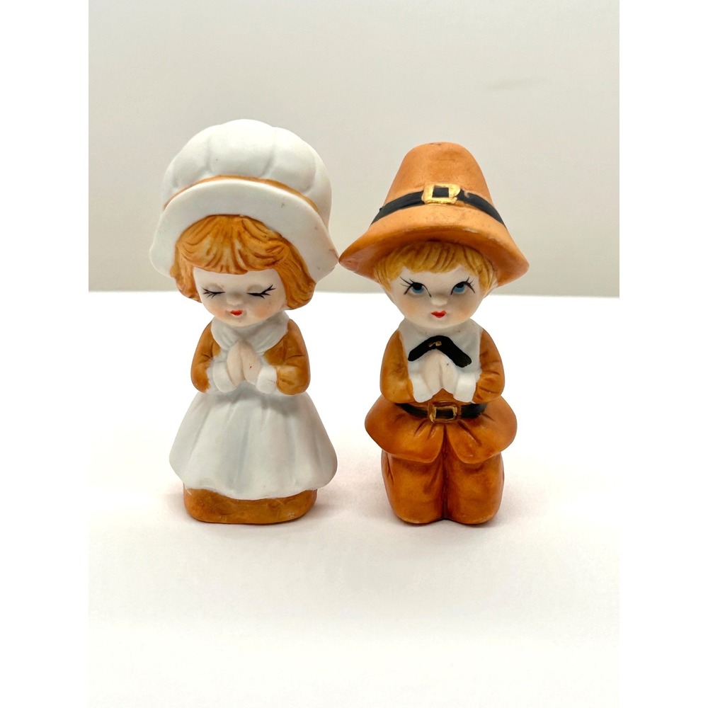 Vintage Lego Thanksgiving Pilgrim Boy Girl Ceramic Two Figurines Orange White